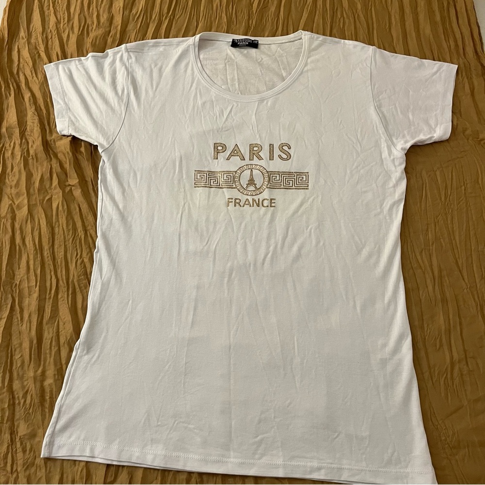 ATTITUDE Women’s Elegant White Paris France Golden Studs Graphic Tee